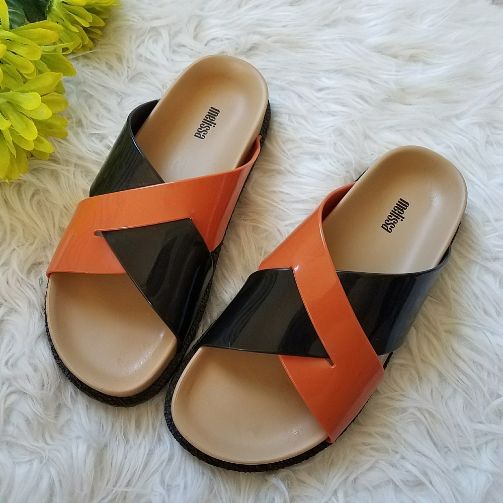 Melissa Black and Orange Crisscross Slide Sandals